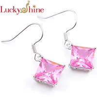 luckyshine newest sqaure pink crystal zirconia silver wedding holiday party dangle earrings russia usa australia earrings