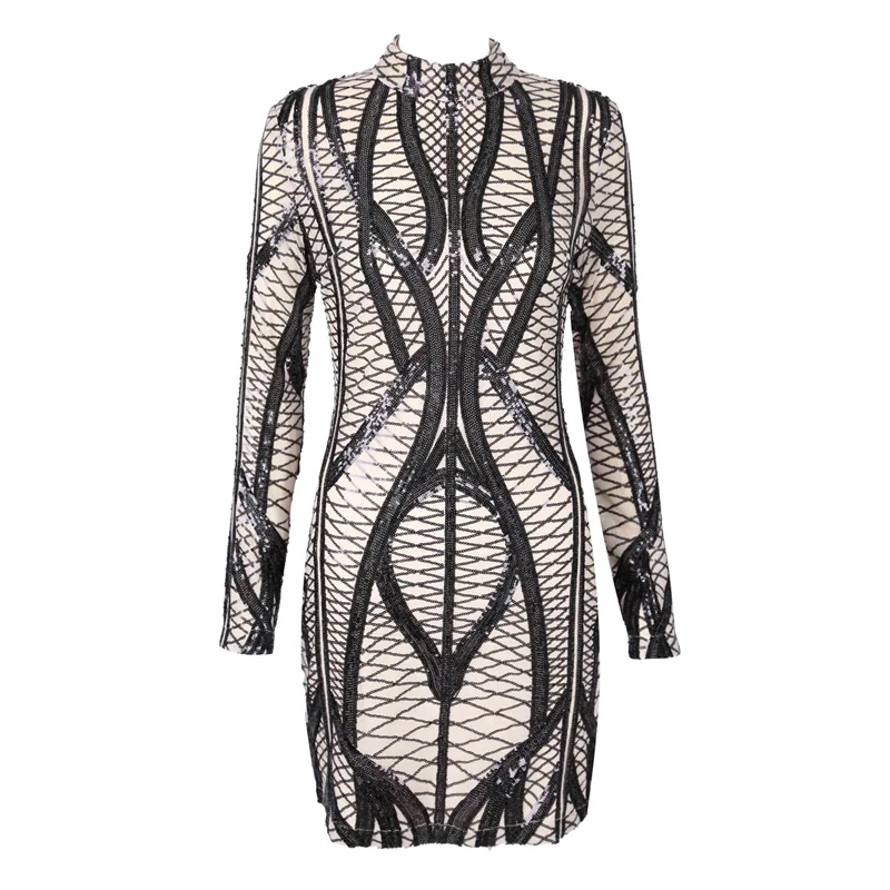 Женское платье с блестками Черное мини длинным рукавом и геометрическим узором
