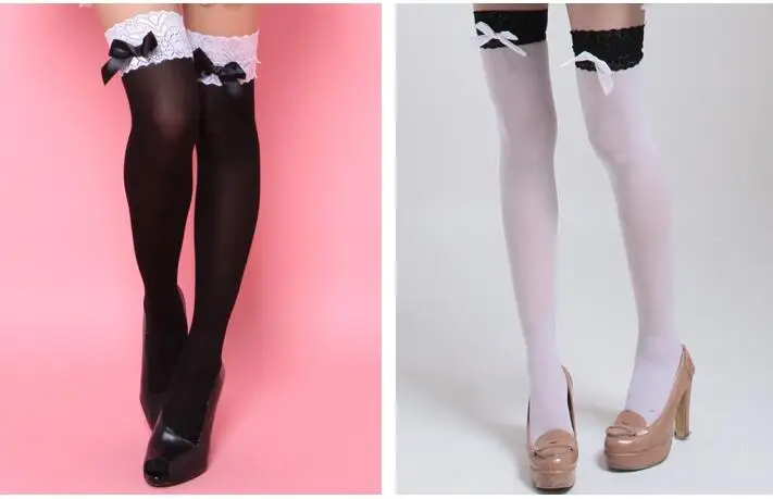 

2017 High quality Women's lingerie ultra-thin sexy lace decoration bow stockings Black,White over-the-knee stocking