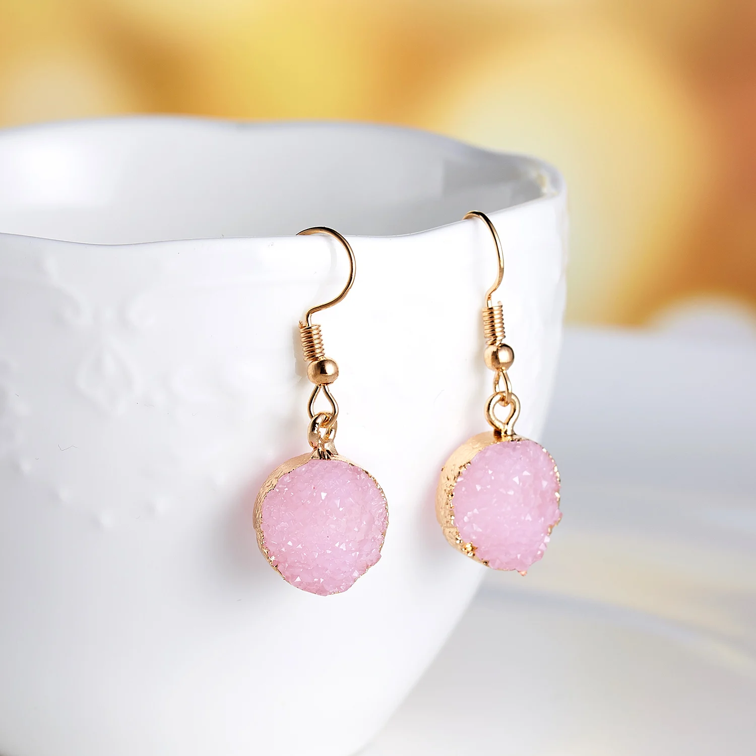 Unique Sparkly Colorful Drusy Round Circle Dangle Earings Pink Quartz Color Resin Stone Druzy Earrings For Women Jewelry E1318