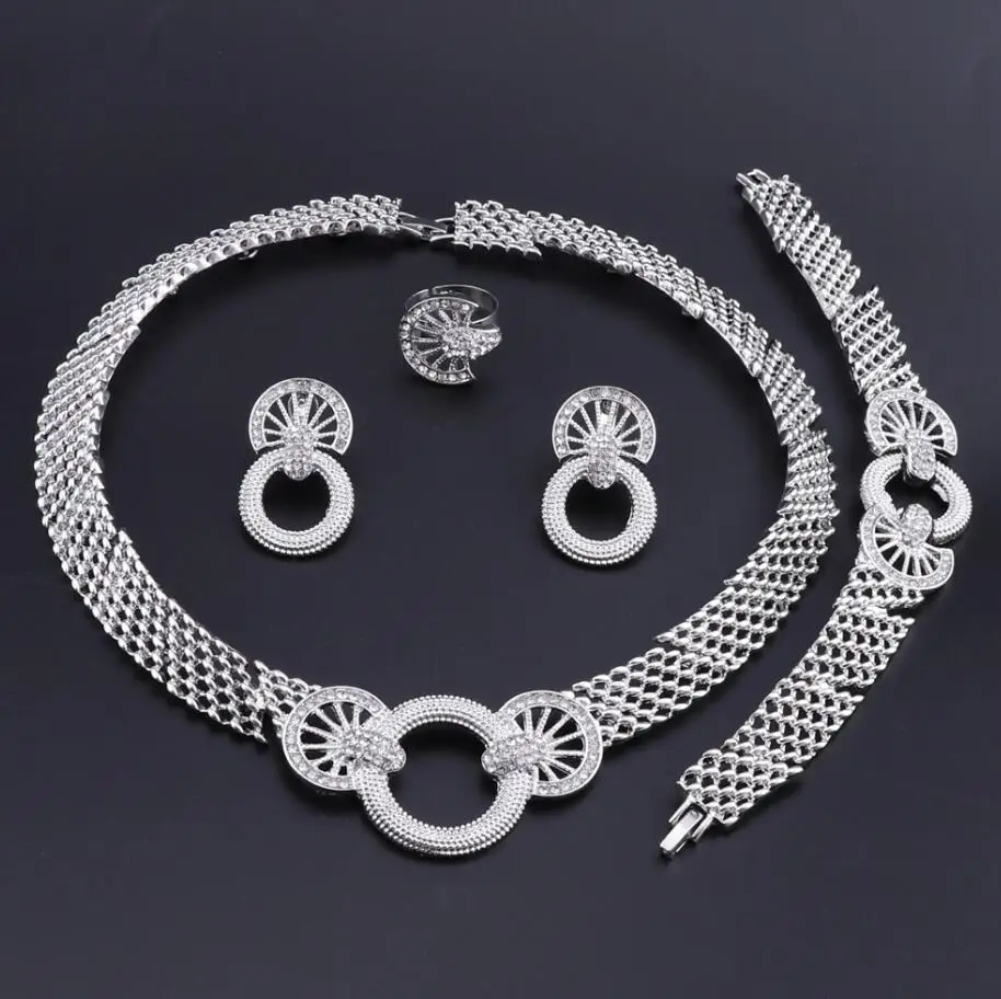 silver Африканский ювелирный набор золотого цвета в форме цветка, кристалл, ожерелье, серьги, наборы, Модный свадебный элегантный костюм, ювелирный набор - Окраска металла: silver