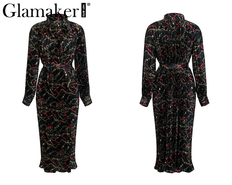 Glamaker Плиссированное Макси-платье с цветочным принтом, женское свободное Элегантное летнее платье с длинным рукавом, женское пляжное сексуальное платье в стиле бохо