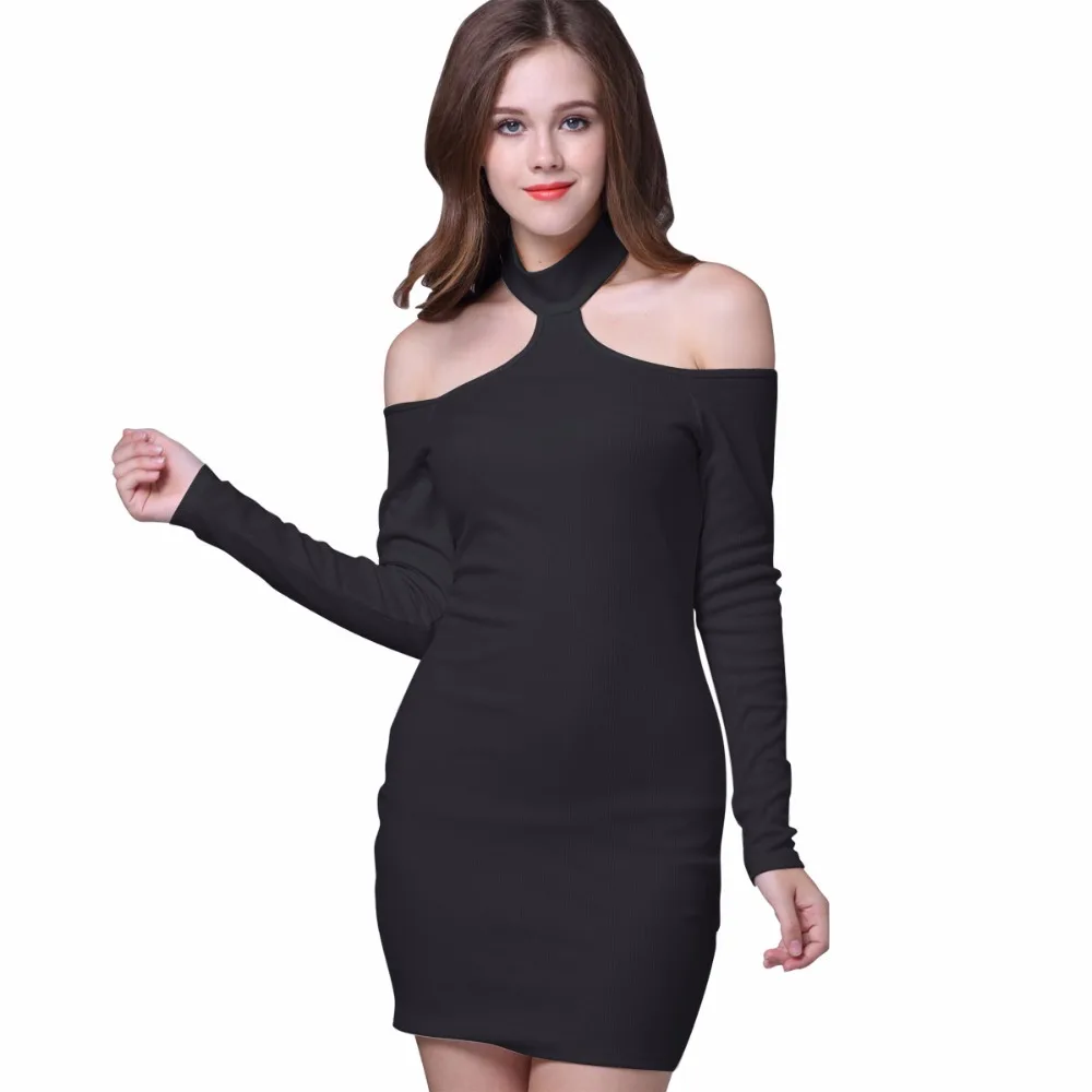 Lissly 2017 Sexy Холтер Мини Карандаш Dress Женщины Твердые Длинные Рукава Bodycon С Плеча Office