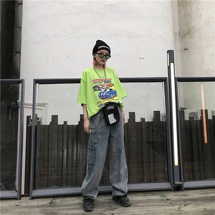 Новинка лета, корейский стиль ulzzang Harajuku, винтажные джинсы с низкой талией, шикарные уличные свободные прямые женские повседневные джинсы с карманами в стиле хип-хоп