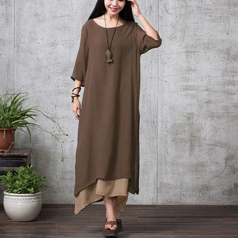 ZANZEA, 9 цветов,, летнее платье, женское, повседневное, свободное, Vestidos, хлопок, лен, длинное платье, макси, платье, рубашка, Ретро стиль, размера плюс - Цвет: Coffee