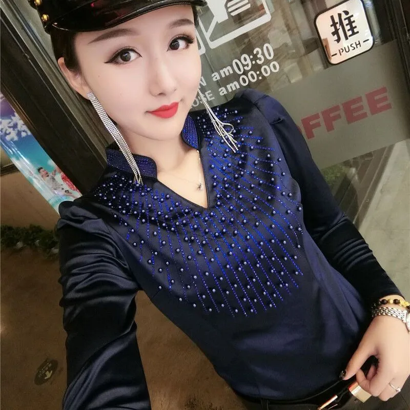 

2019 Spring Long Sleeve V Neck Bead Work Satin Shirts Women Handmade Bead Work Satin Blouses Women Diamonds Black Satin Tops