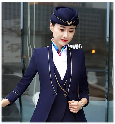 dark blue coat pant IZICFLY новая официальная деловая стюардная одежда для женщин костюмы офисные комплекты с юбкой стюардесса элегантная рабочая одежда большой размер - Цвет: dark blue coat pant