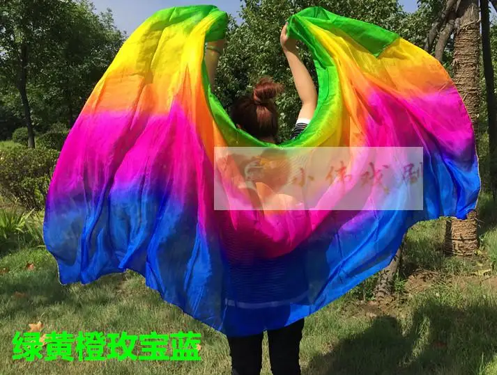 Дешевые натуральный шелк вуали шали для танца живота 3 градиентных цвета шелковые шарфы для танцев сцены