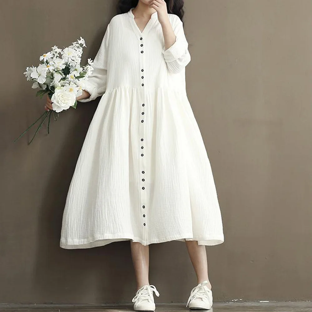 Женское летнее платье Бохо размера плюс из хлопка и льна с пуговицами длинным