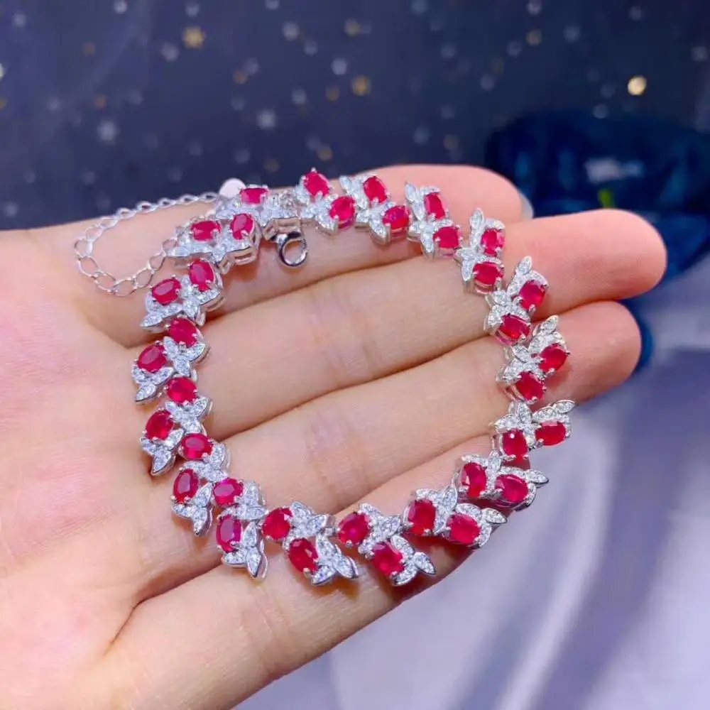 

shilovem 925 sterling silver real natural Ruby Bracelets fine Jewelry trendy women party new plant wedding 3*4mm dl0304918agh