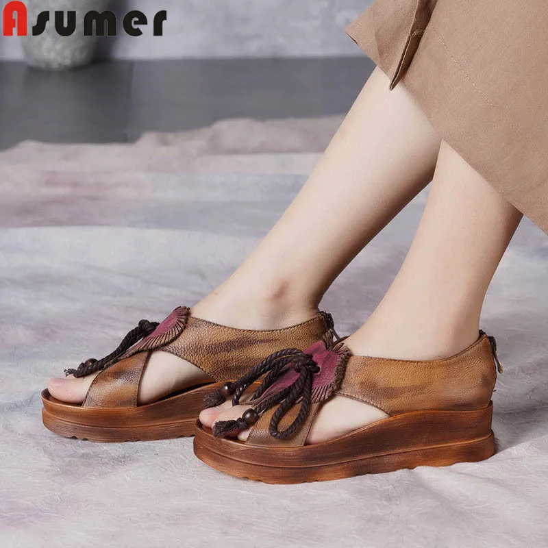 Женские босоножки с открытым носком ASUMER из натуральной кожи на плоской платформе