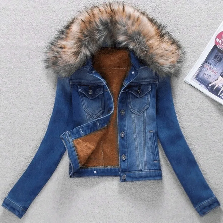 Джинсовая женская куртка зимняя хлопковая парка с меховым воротником