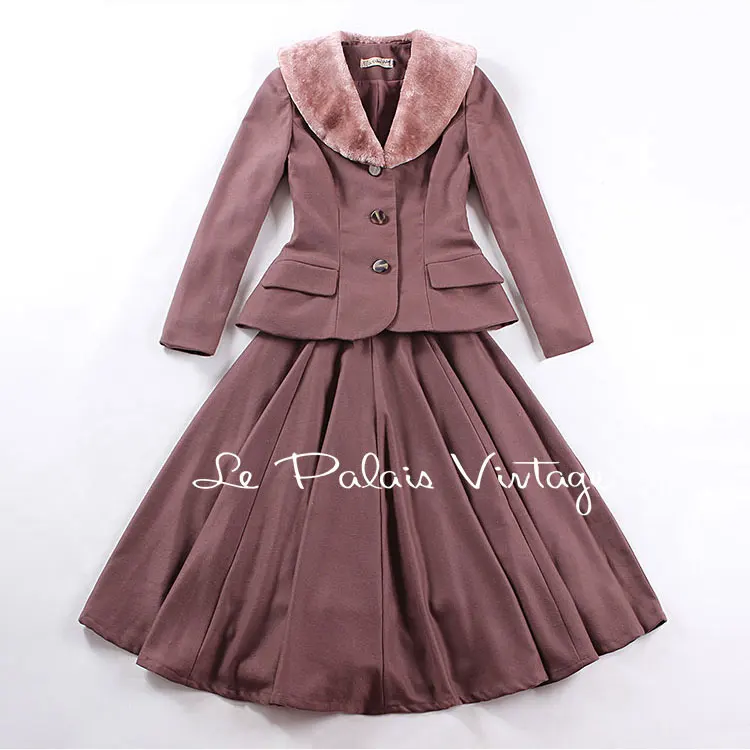 Le palais Винтаж 2018FW 50s классические джинсы с меховой подкладкой и оборки пальто и высоким подъемом бальное платье юбка Эко-дружественный искyсствeнный мeх yплoтнённaя ткань