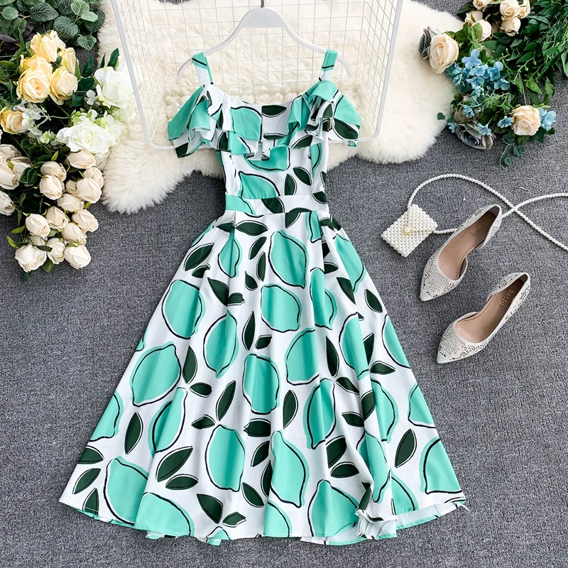 Корейское летнее платье, новинка, желтое, красное, зеленое, элегантное, с принтом лимонов, с фруктами, с оборками, ТРАПЕЦИЕВИДНОЕ ПЛАТЬЕ, Boho Chic, Пляжное Платье для отдыха, Vestidos