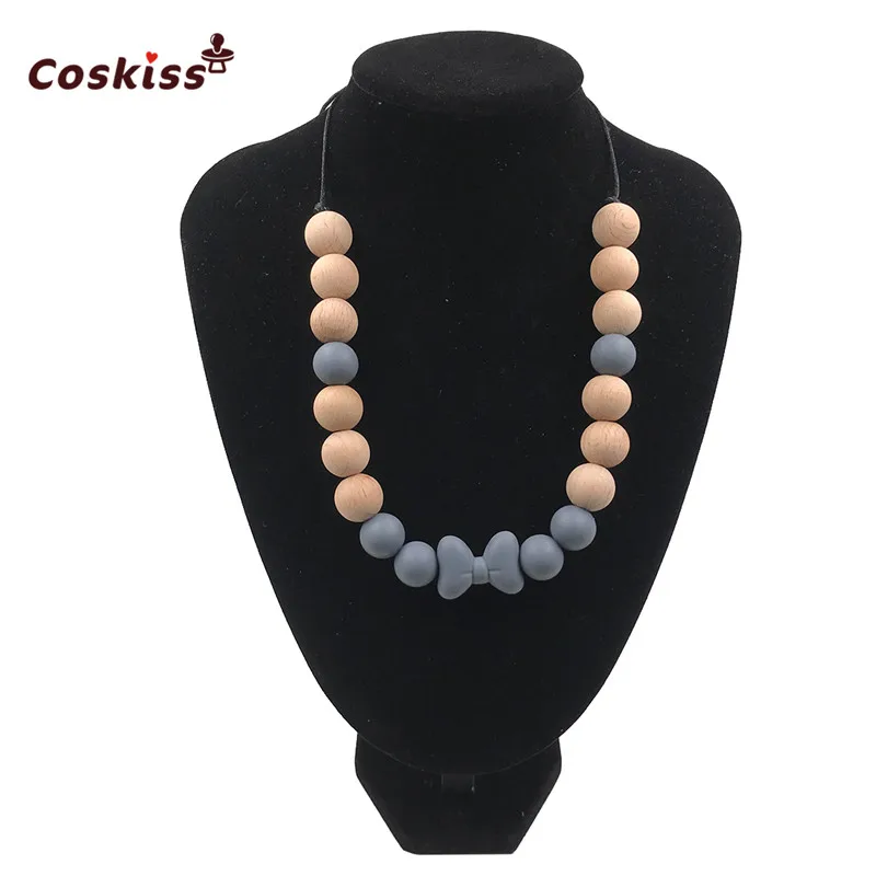 Mordedor de silicona de seguridad para beb&eacute;, cuentas de madera, juguete para morder, collar, accesorio para beb&eacute;, regalo sin BPA-3