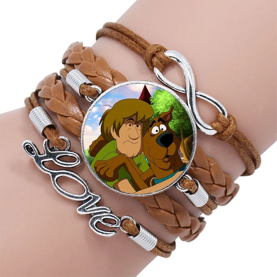 Для женщин вечерние Scooby Doo Миньон мода стекло Многослойные черный/коричневый кожаный браслет ювелирные изделия