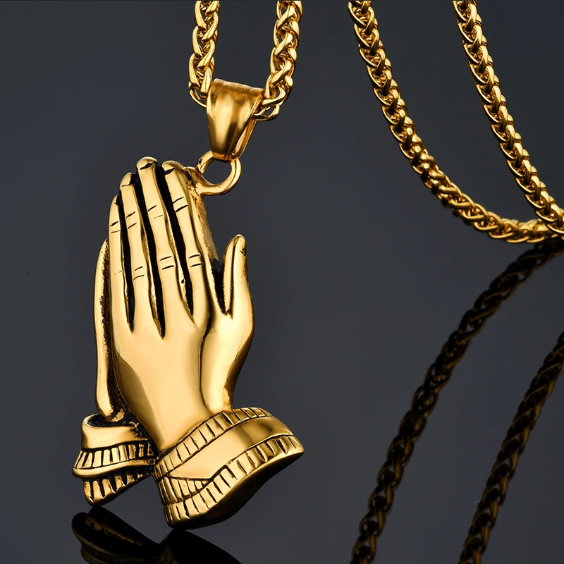 

Hip Hop Praying Hands Big Pendant Necklace For Men/Women 3 Sizes Chain Gold-Color Stainless Steel Male Pendants Jewelry