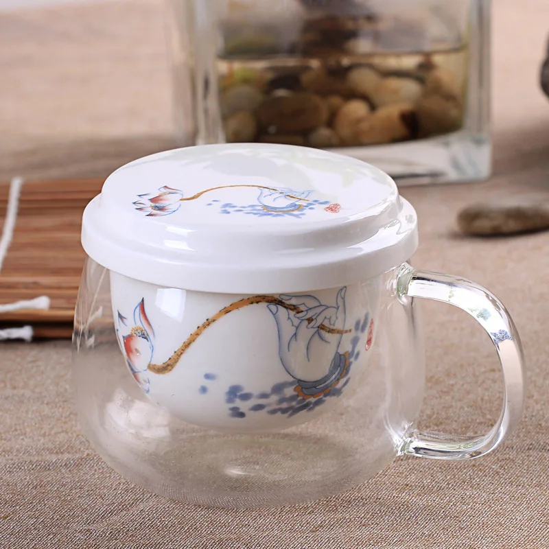 Creative Flower Chinese Tea Set Double Wall Glass Cups with Bone China Insulation Infuser and Lid Clear 300-400ml | Дом и сад