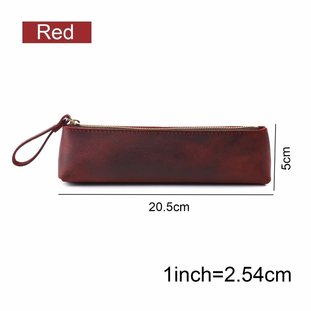 Red Натуральная кожа, на молнии, пенал для ручек, сумка для карандашей, большая емкость, винтажная, Crazy Horse, кожа, ручная работа, креативная, школьная, стационарная - Цвет: Red