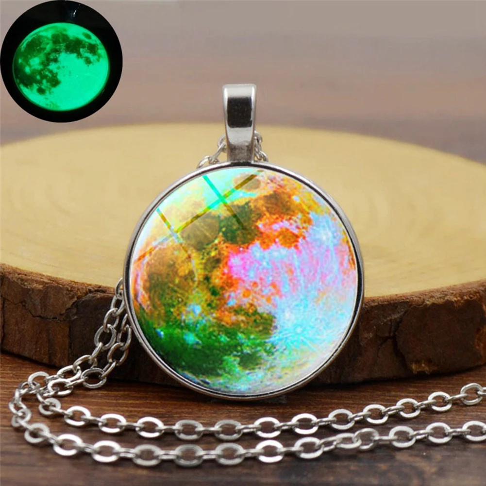 Glow In The Dark Glass Cabochon Pendant All-Match Moon Plated Sweater Chain Necklace Dream Starry Luminous Planet | Украшения и