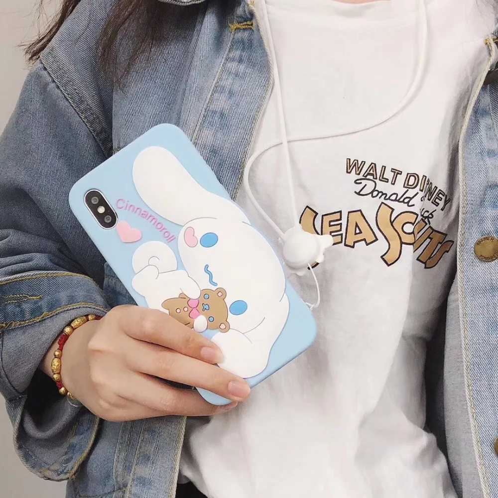 Японский 3D милый мультяшный Sanrio Cinnamoroll Мягкий силиконовый чехол для iPone 11 pro 8 7 6 6s plus X XS MAX XR с длинным ремешком