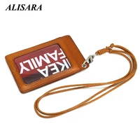 alisara genuine leather retractable lanyard badge case vertical id holders business badge name bus card set student card case