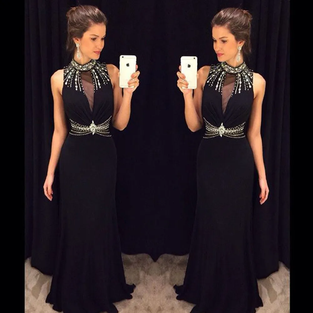 2017 Высокая Шея Черный Русалка Вечерние Платья Рукавов Длиной До Пола Длина