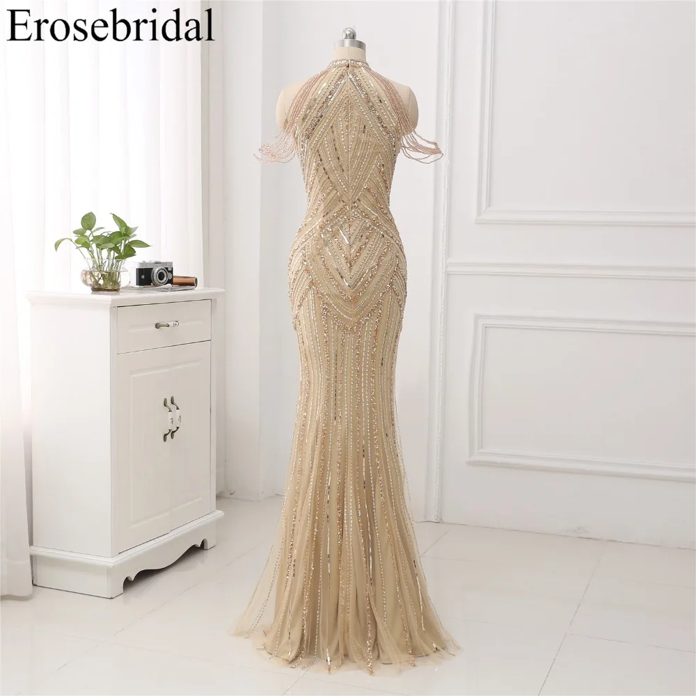 Женское вечернее платье с юбкой годе длинное цвета шампанского бусинами