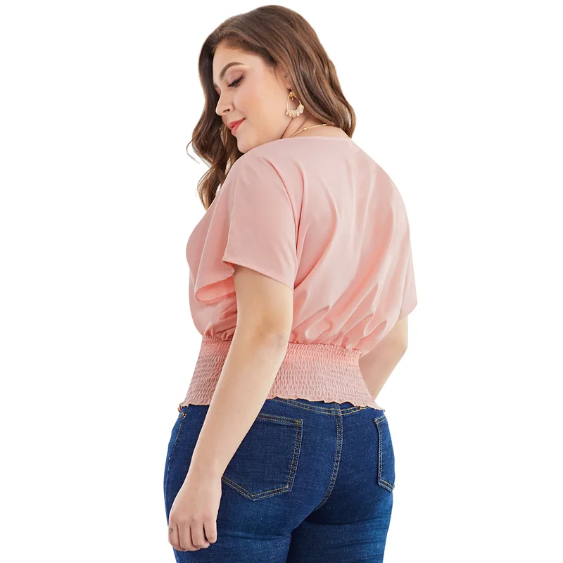Большие размеры женские рубашки модные с коротким рукавом v образным вырезом