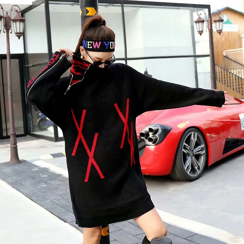 Tide brand 2018 autumn and winter new personality high collar handsome knit letter zipper color matching long sweater women | Женская