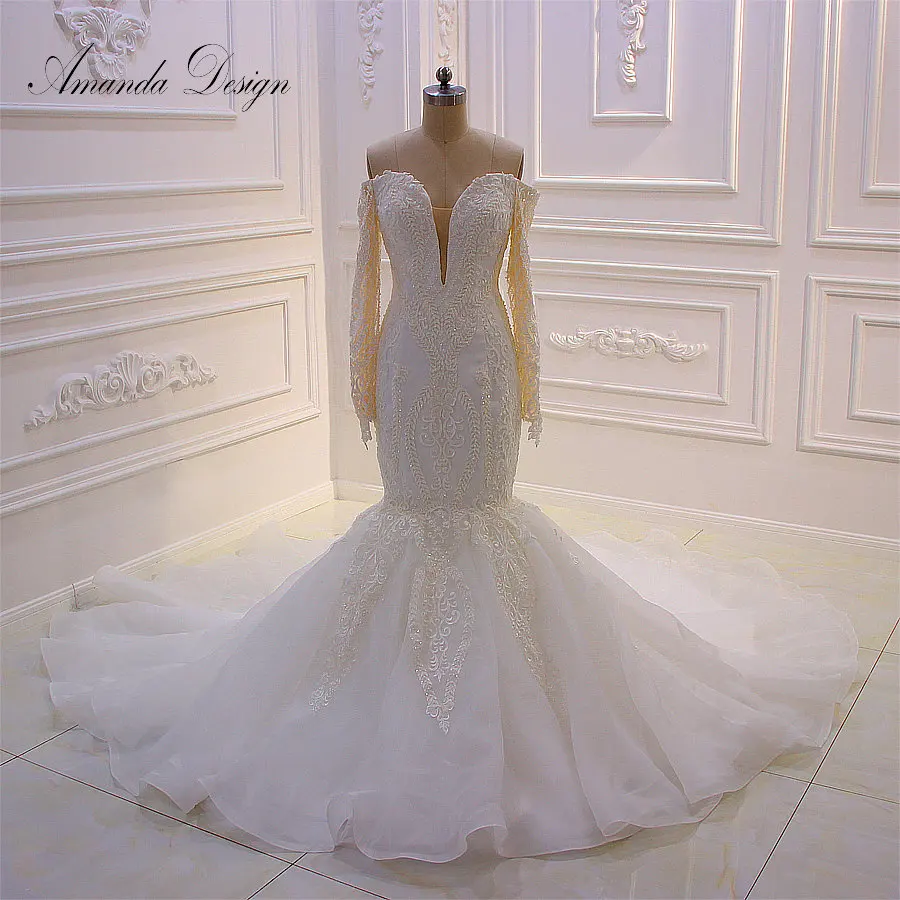 Аманда дизайн Vestido De Novias с открытыми плечами длинным рукавом Кружева аппликации Русалка свадебное платье