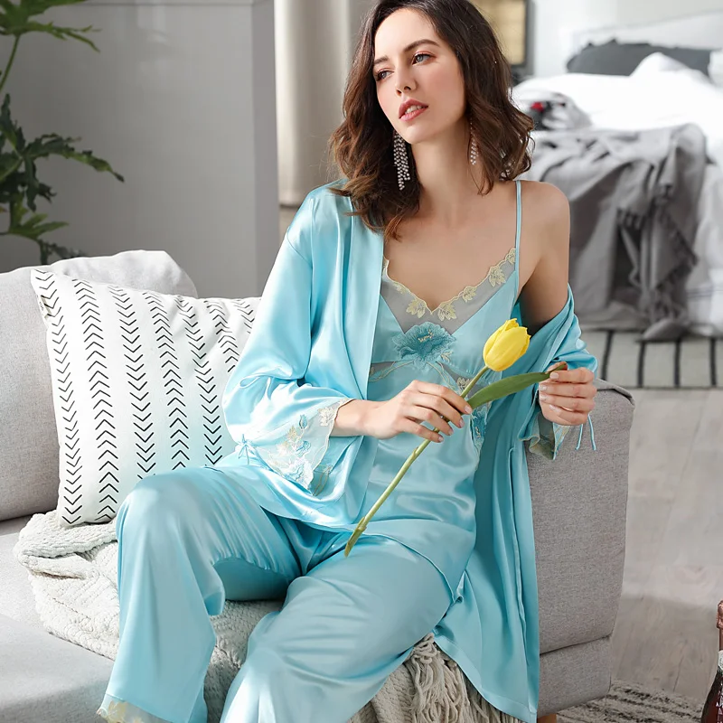 Latest Ice Silk Sexy Lace Pajama Sets Female Three-Piece Summer Thin Sling Long Pants Home Wear Woman X6633