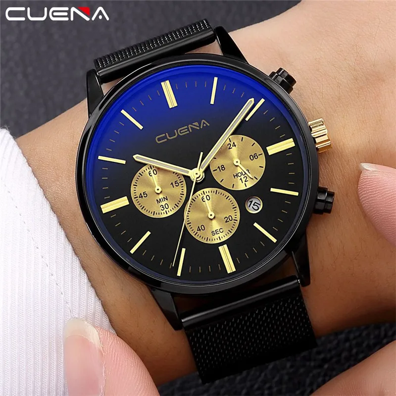 CUENA Watches Men Mesh Luxury Brand Strap Business Stainless Steel Watch Men's Quartz Multi-function Wrist | Наручные часы