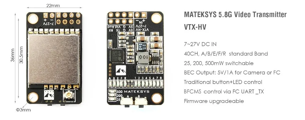 Видеопередатчик Matek 5 8G 40CH 25mW 200mW 500mW переключаемый VTX-HV 5V/1A BEC выход для