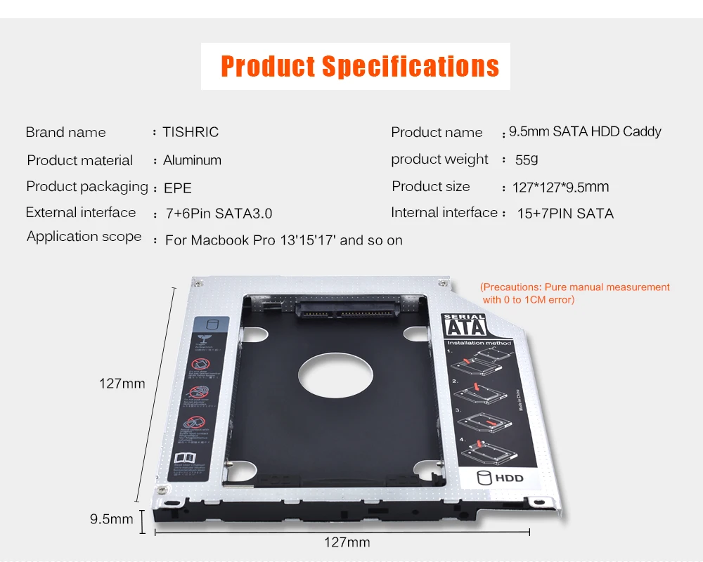 TISHRIC алюминиевый 2-й HDD Caddy 9,5 мм SATA 3,0 Optibay SSD корпус HDD корпус для Apple Macbook Pro Air 1" 15" 1" SuperDrive