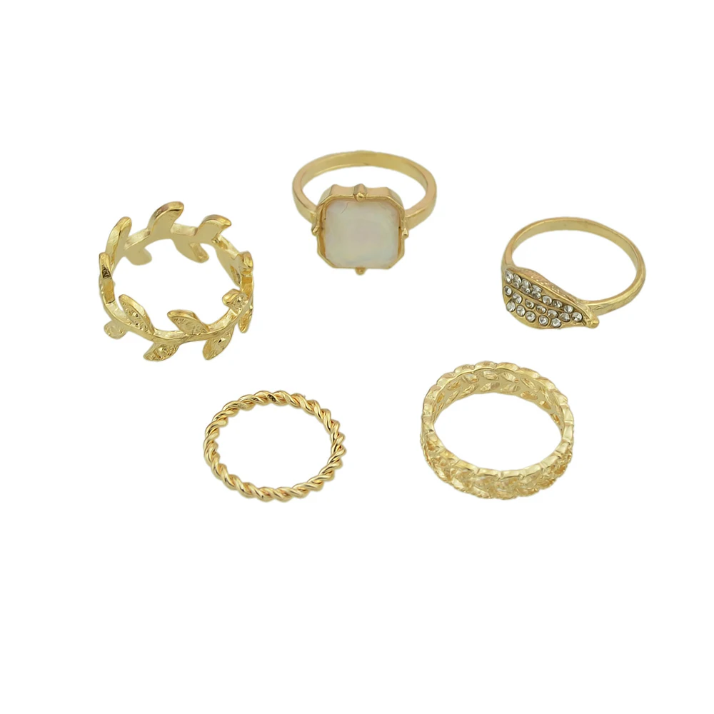 5 Pcs/Set Boho Wedding Rings Gold-Color With Square Leaf Shape Jewelry Hollow Rhinestone Bijoux For Women Accessories | Украшения и