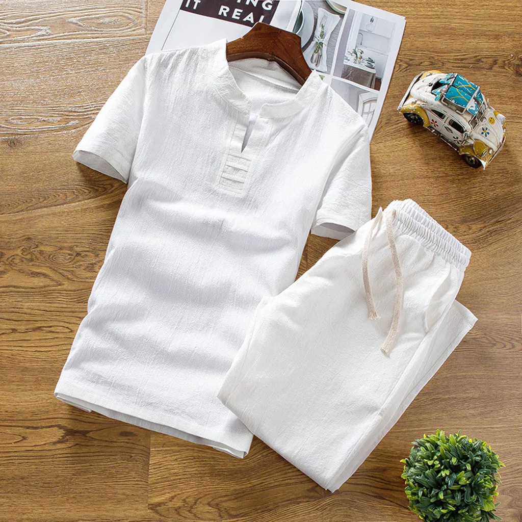 

Men's casual suit summer new linen set round neck solid color short-sleeved shorts sports suit Y611