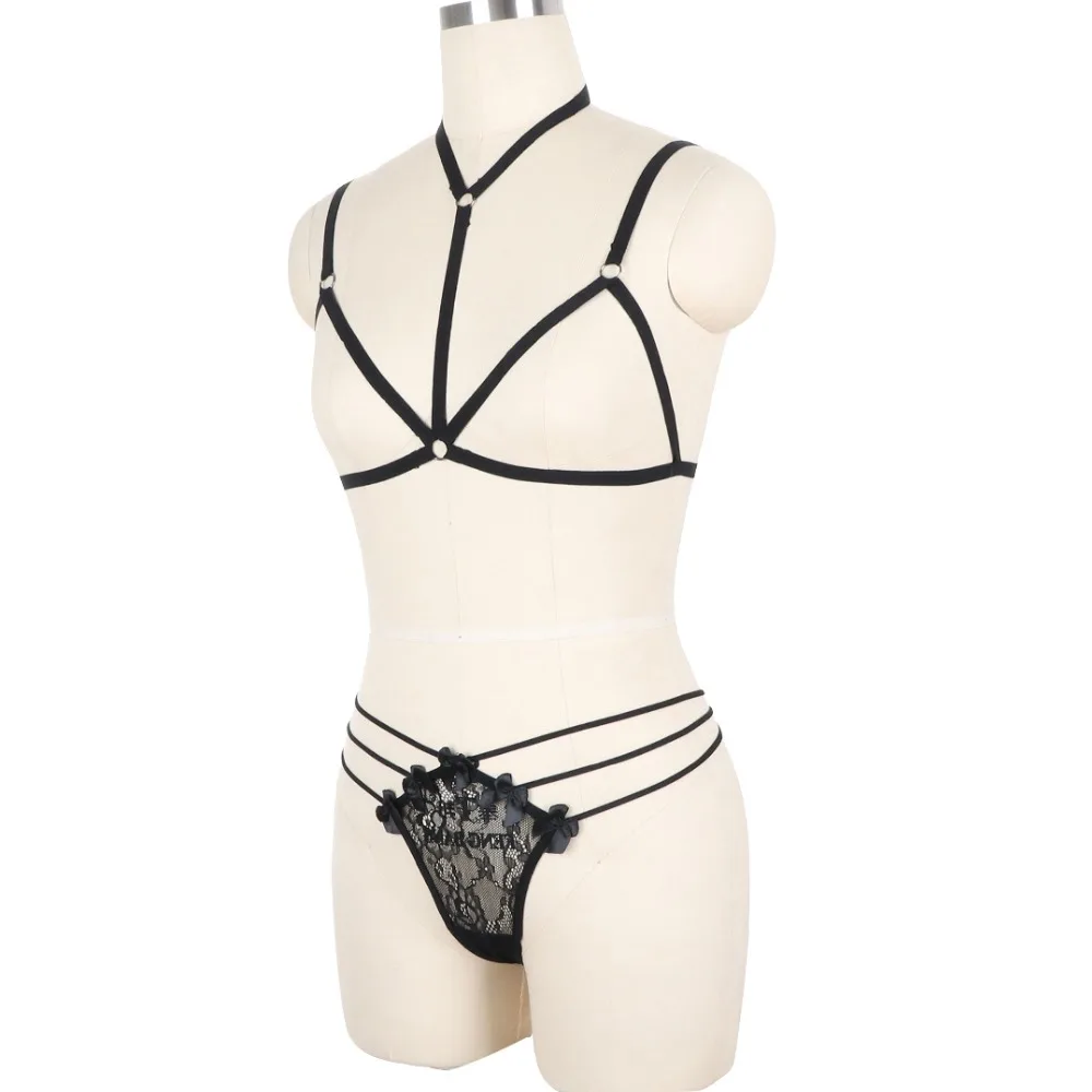 Crop Top Set Black Open Chest Cage Harness Bra Fetish Wear Bottom Panties Body Sexy Lingerie Bondage Bodysuit | Женская одежда