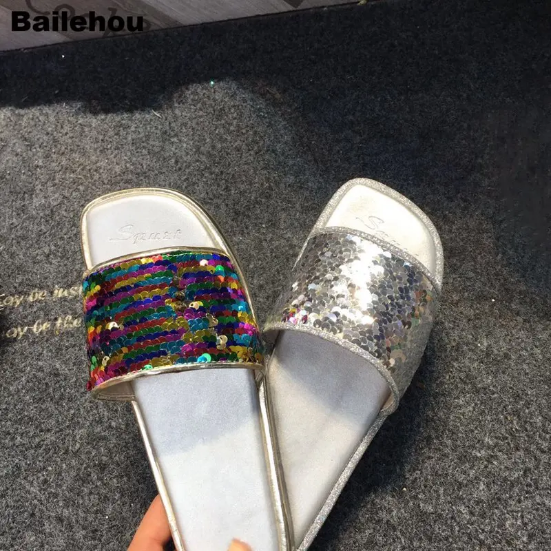 Bailehou/летние шлепанцы для женщин Bling блестками ткань пляжные направляющие