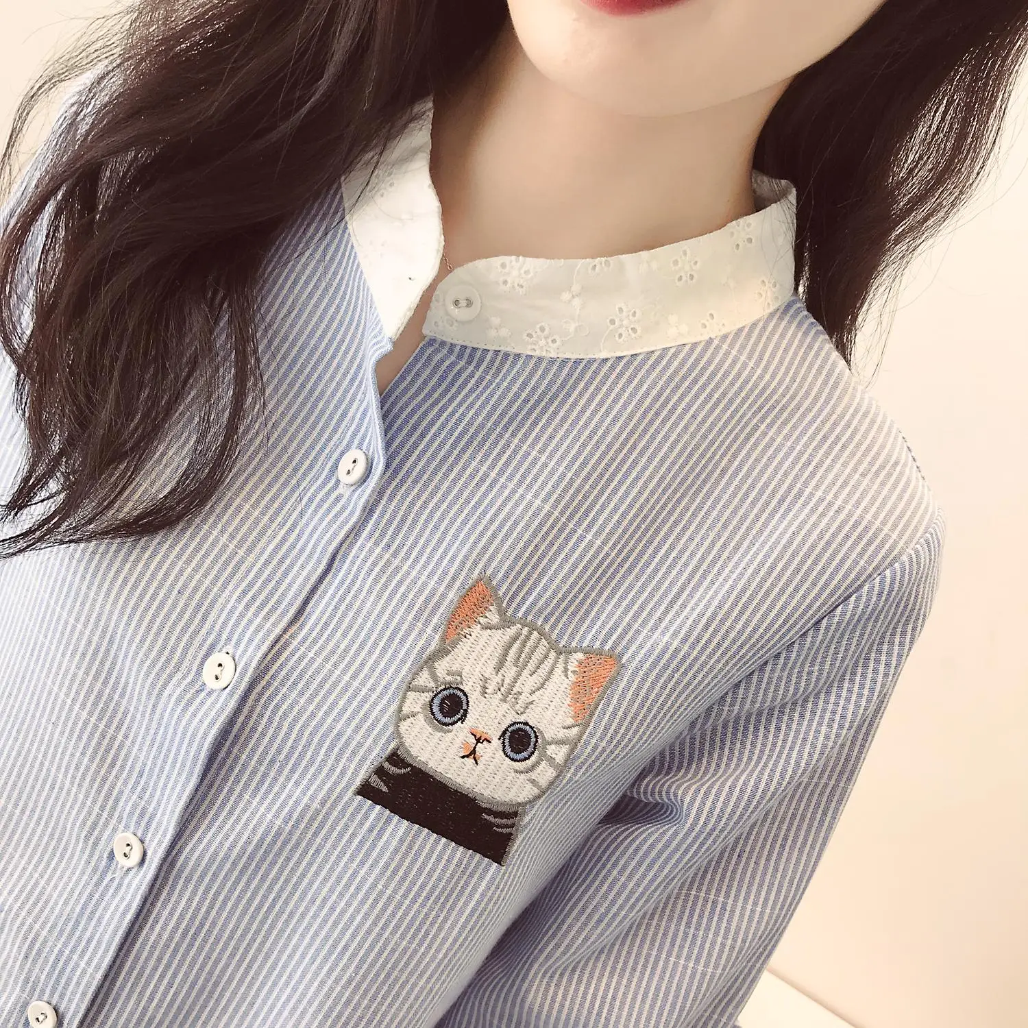 Blusas Femininas Новинка весны кошка вышивка полосатая блузка Для женщин с длинными