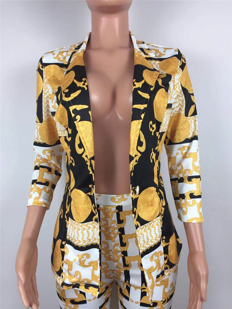 

Adogirl Fashion Gold Print Women Two Piece Set Turn Down Collar 3/4 Sleeve Single Button Coat Pencil Pants Business Suits Outfit