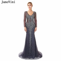 janevini 2018 luxury beading long sleeves tulle bridesmaid dresses scoop neck sweep train sexy illusion back mermaid prom gowns