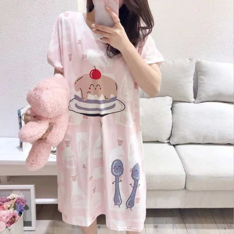 

Women Girl Summer Milk Fiber Short Sleeve Midi Nightdress Candy Colored Cartoon Giraffe Animal Flared Sleepwear Loose Loungewear