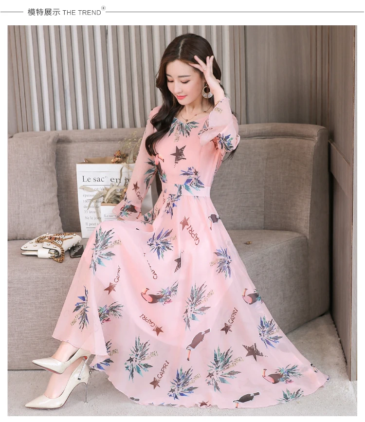 High quality Autumn New Arrival Plus Size S-XXXL Fashion V Collar Flare Sleeve Flower Printed Woman Long Chiffon Dress