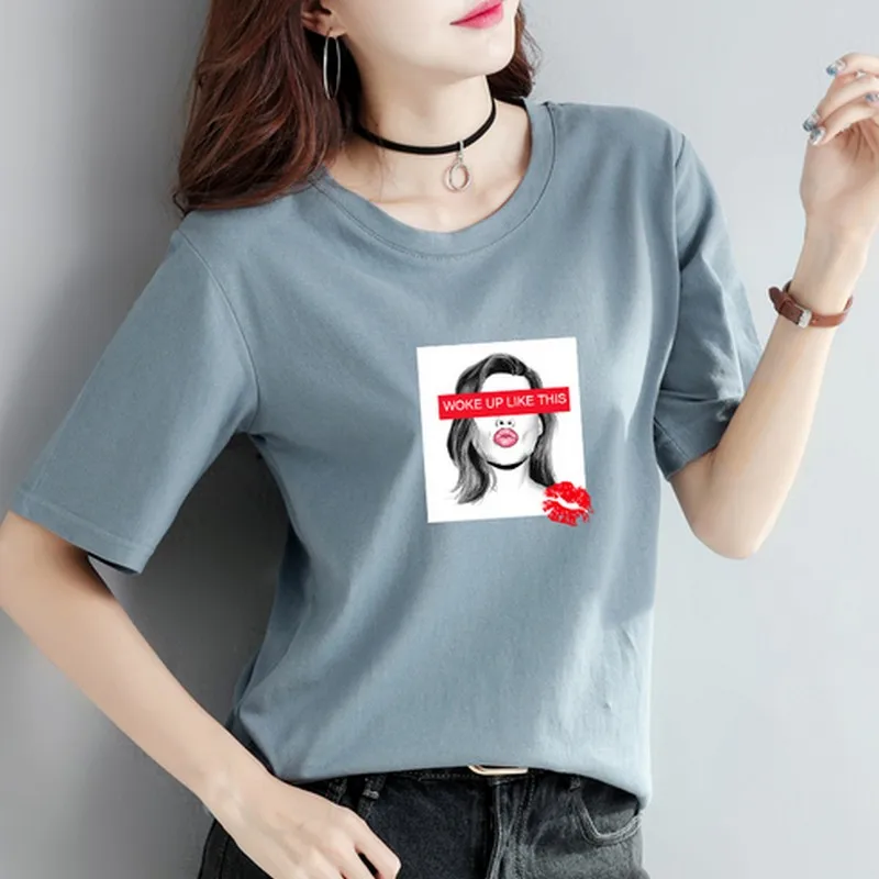 Повседневная Женская футболка с принтом красных губ однотонные Модные топы