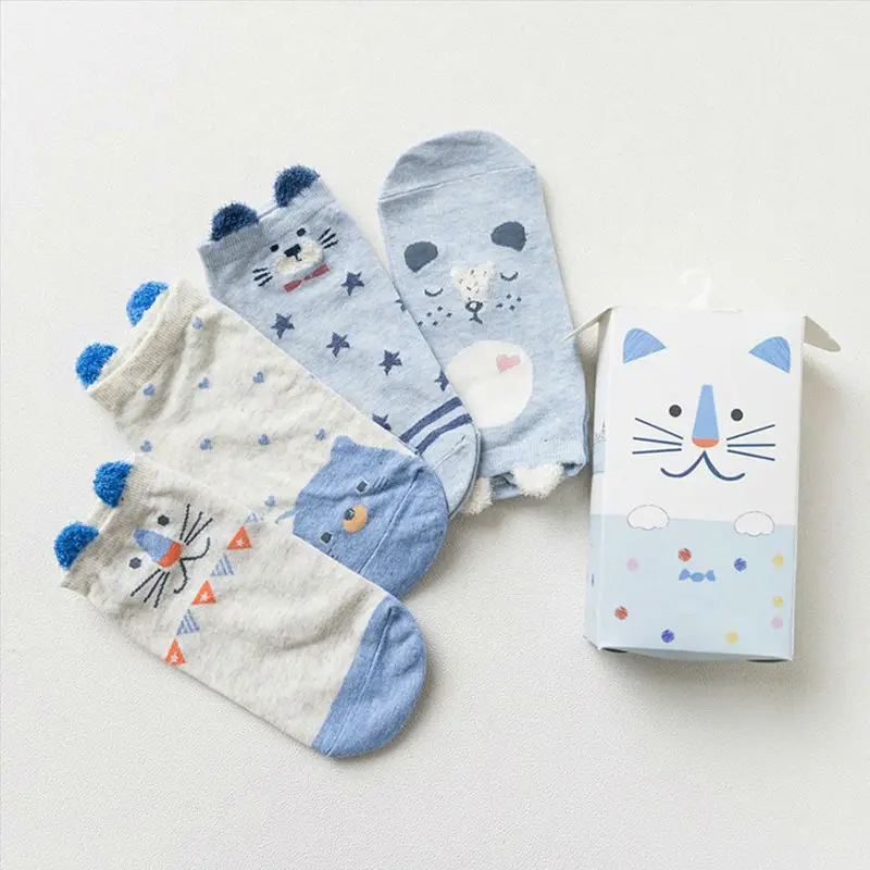 Носки женские хлопковые 4 пары Мультяшные милые повседневные носки с 3D рисунком