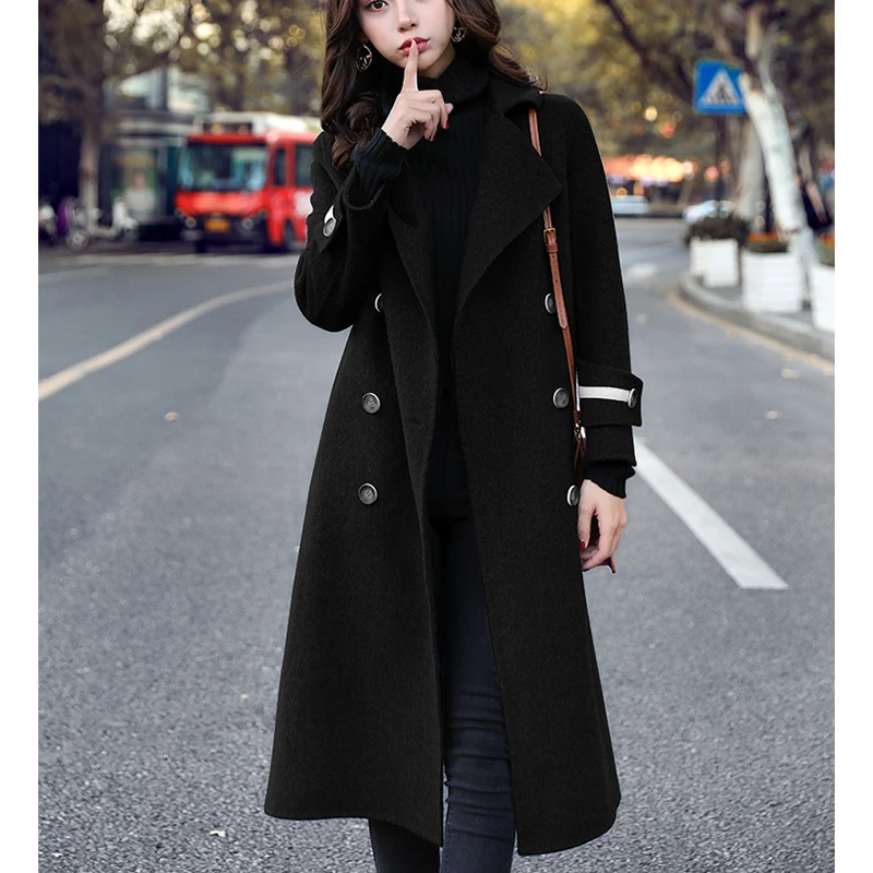 Smoky blue Double-breasted woolen coat female long section 2019 new spring autumn popular Hepburn wind z34 | Женская одежда