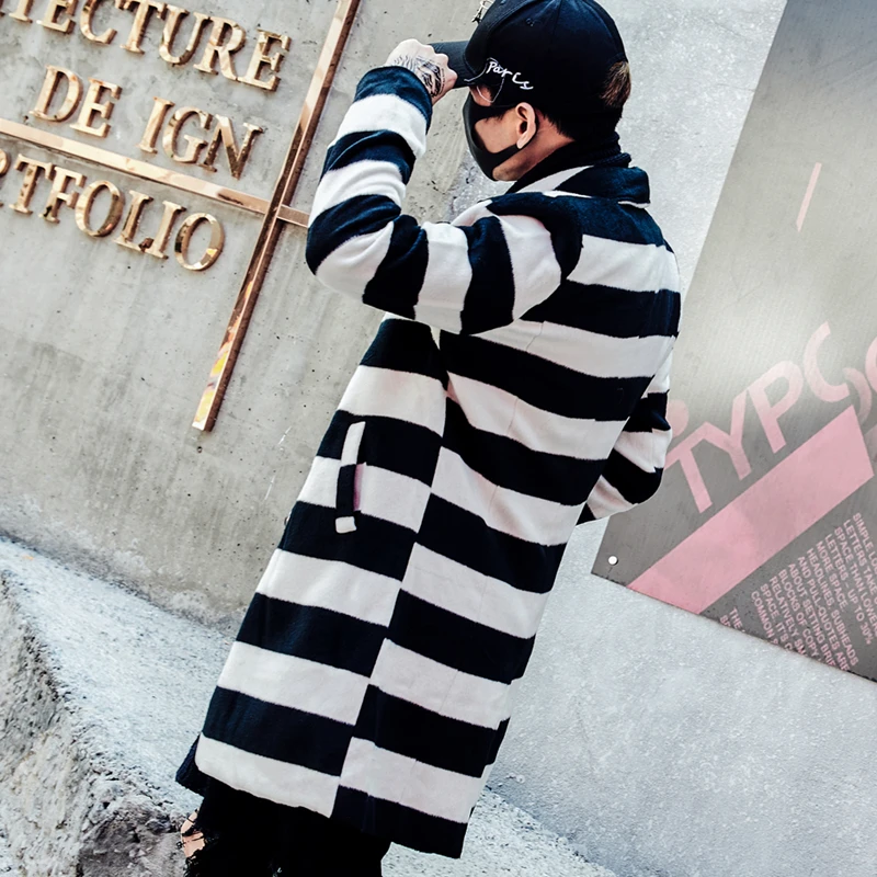 New Arrival Darkly Western Style Fashion Slim Mens Mid-Long Wool coat Hip Hop Autumn Male Casual Striped Overcoats Streetwear
