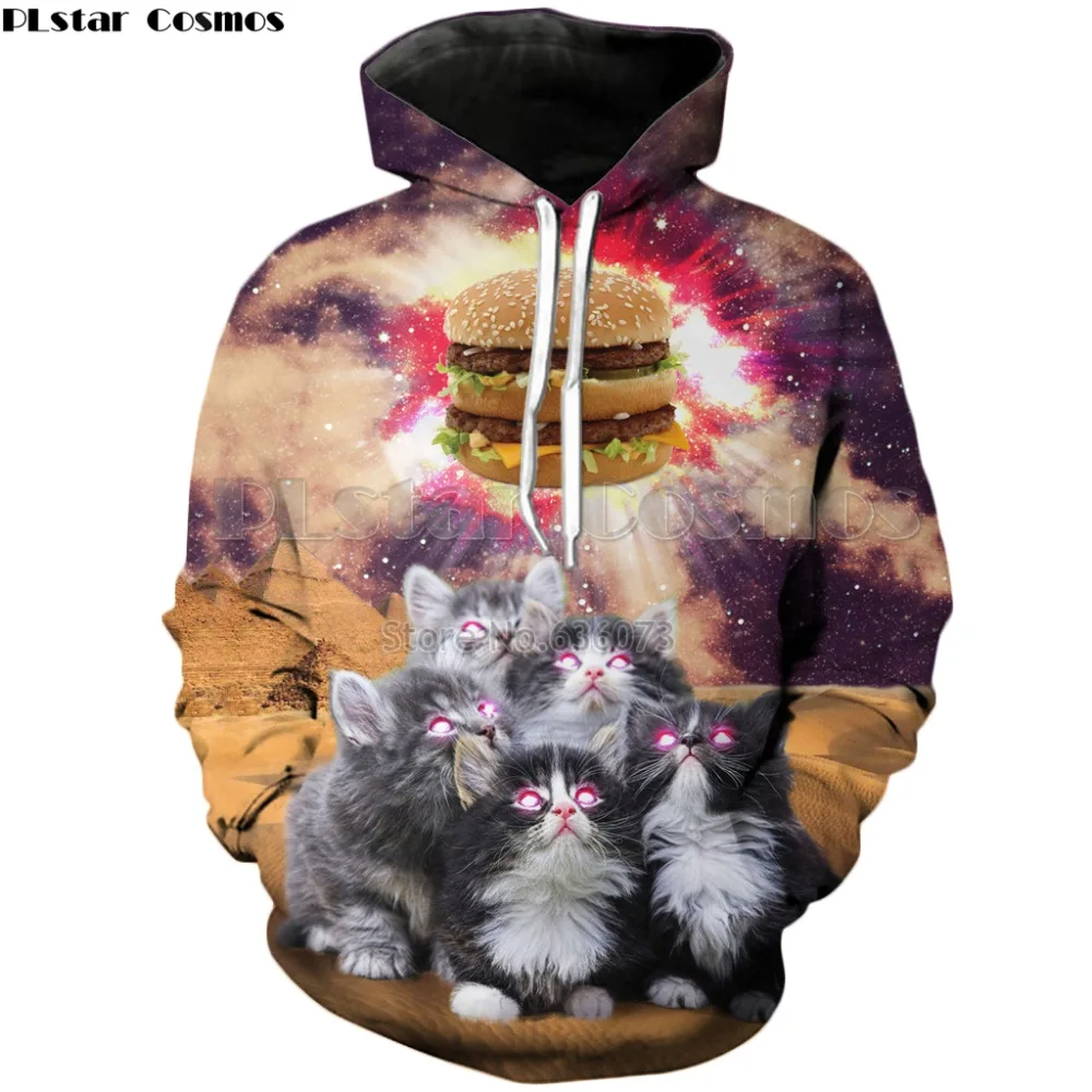 

PLstar Cosmos 2018 New style Fashion 3d Hoodie Worship the Burger Animal cat Print Men's Women's Casual Hooded Sweatshirt
