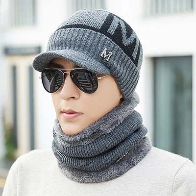 Skullies Beanies, мужской шарф, вязаная шапка, шапка для мужчин, плюс размер, шапка, теплая шерсть, толстые зимние головные уборы для мужчин и женщин, шапка бини - Цвет: gray